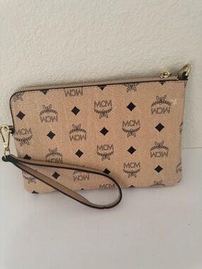 MCM Logo Print Wristlet Clutch in Beige and Black
